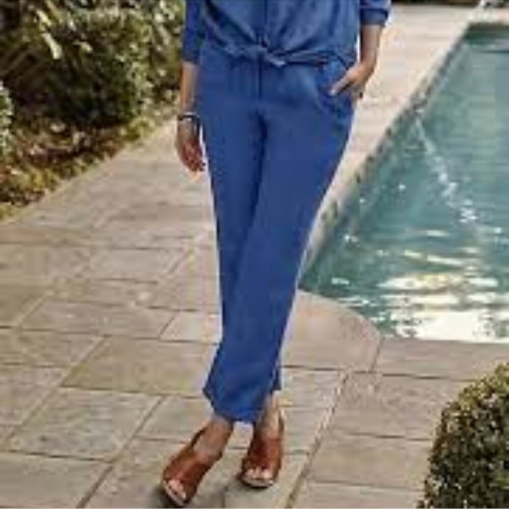J Jill Love Linen Relaxed Straight Leg Ankle Cuff Pants Royal Blue Pockets-XL